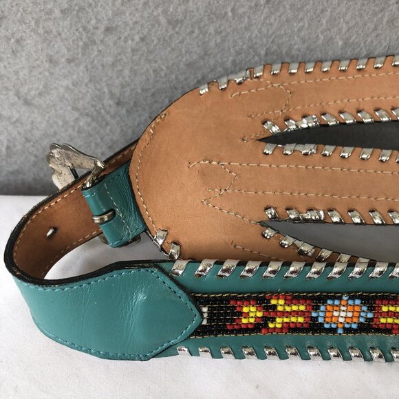 Enterprises Beaded Leather Belt Womens Medium Turquoise Western Buckle USA 408 - Picture 11 of 16